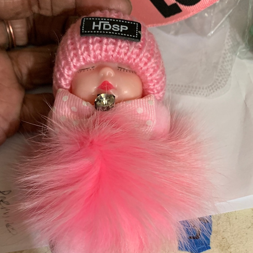 Pink Sleeping Baby Keychain/Purse Charm with Fluffy Pom Pom